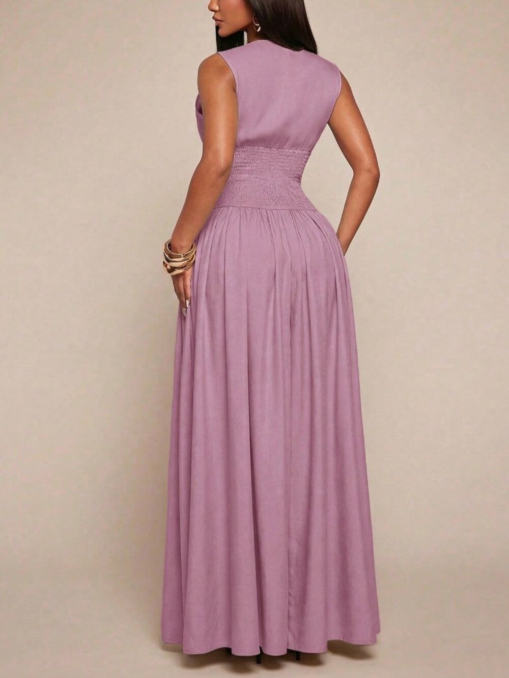 Purple Elegant Women's Minimalist V-Neck Cinched Button Front Shirt dress - Picture 2 of 6
